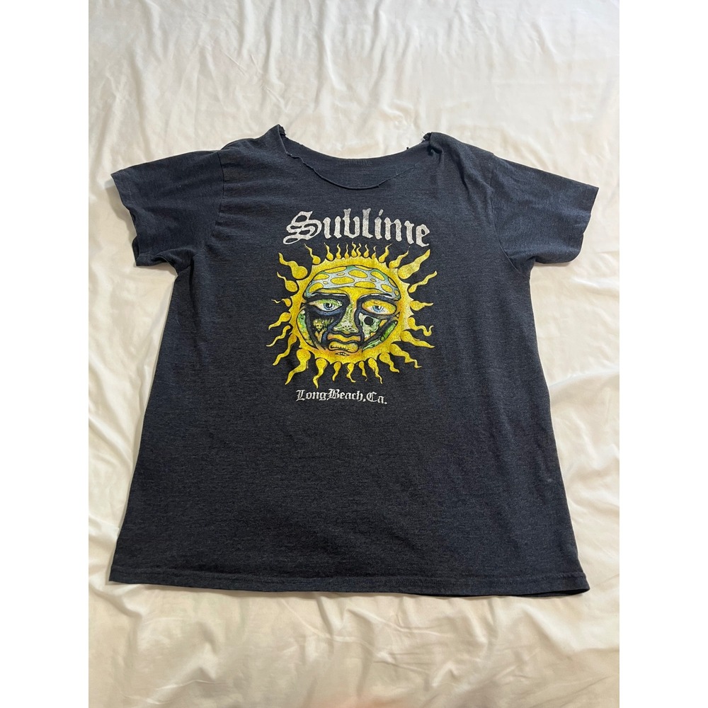 Sublime Sun Logo Graphic T-Shirt Charcoal Gray Raw Neck Band Tee Womens‎ 2XL